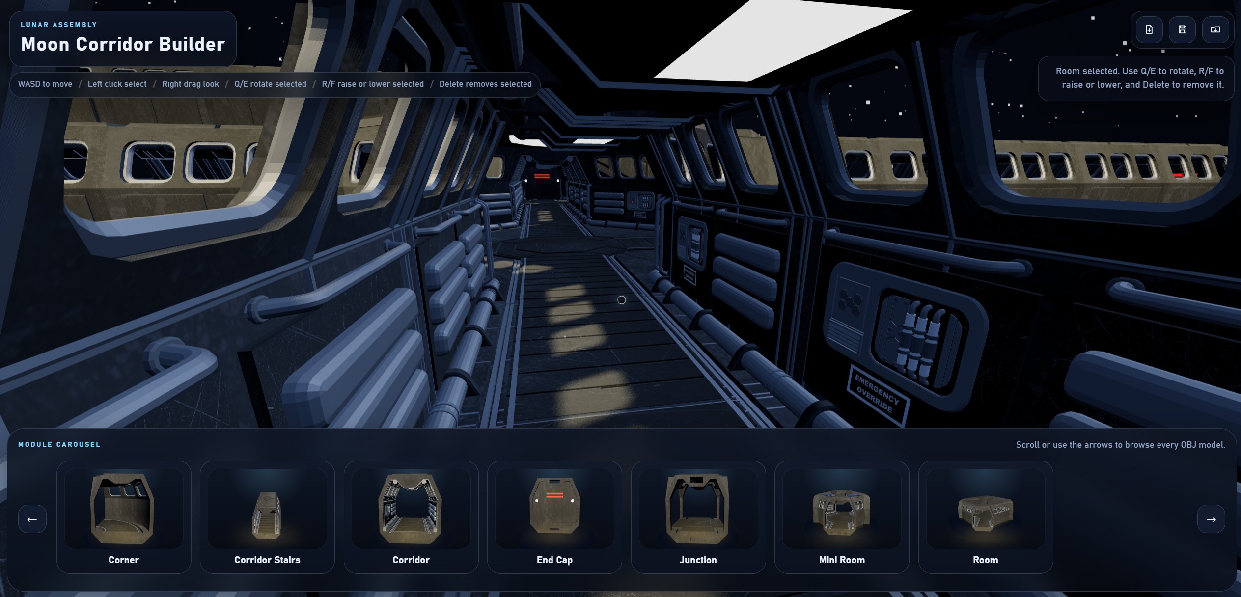 Still from Moon Corridor Builder showing a modular lunar base interior