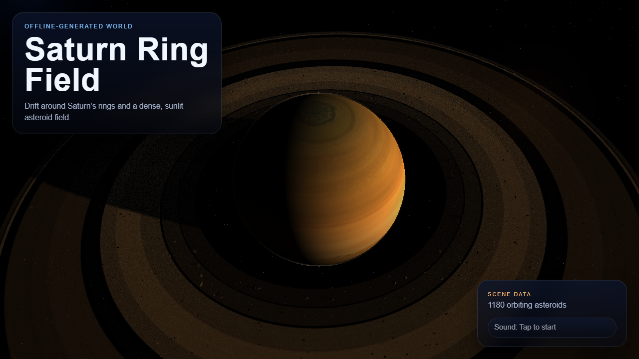 Still from Saturn Ring Field showing Saturn surrounded by its rings and orbiting asteroids