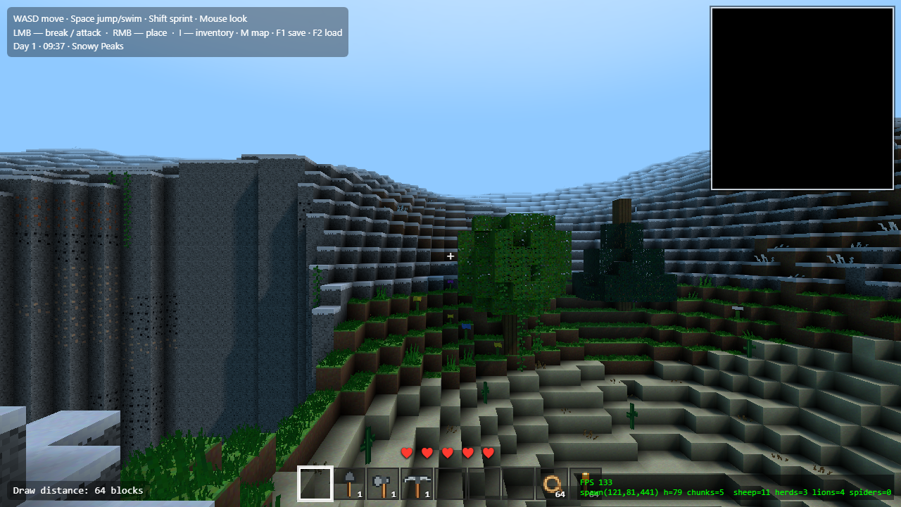 Still from VoxelCraft showing a sunlit voxel landscape